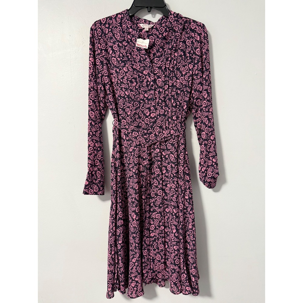 Nanette Lepore Pink Floral Navy Blue Pleated Button Front Midi Dress Womens 10